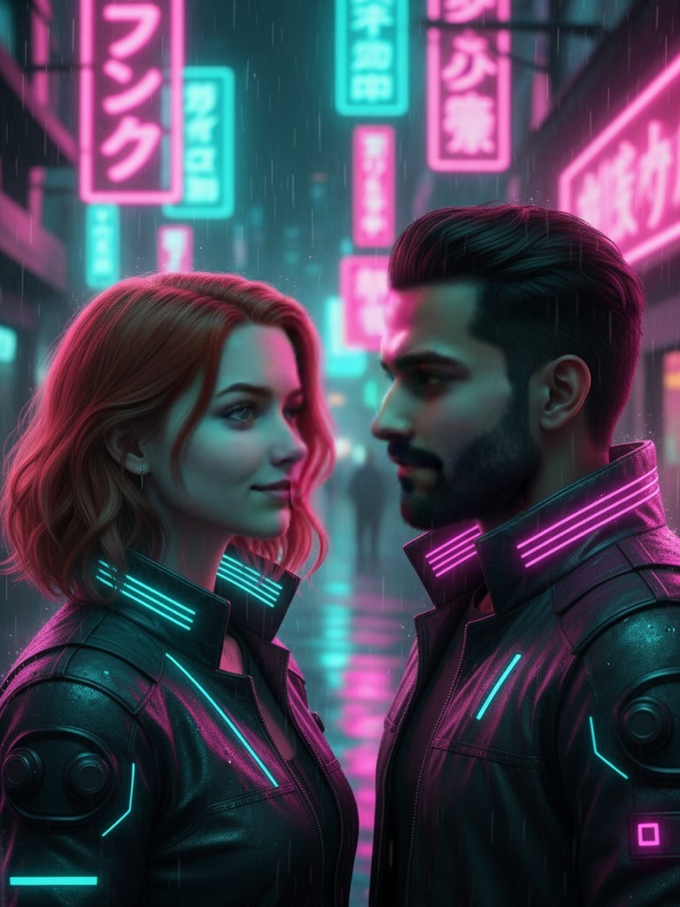 Cyberpunk city look 1 Cyberpunk city — AI couple portrait sample variation 1