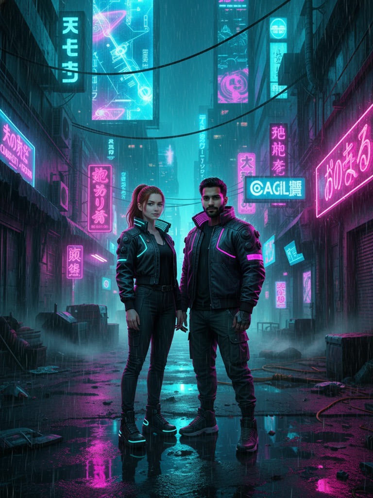 Cyberpunk city look 2 Cyberpunk city — AI couple portrait sample variation 2