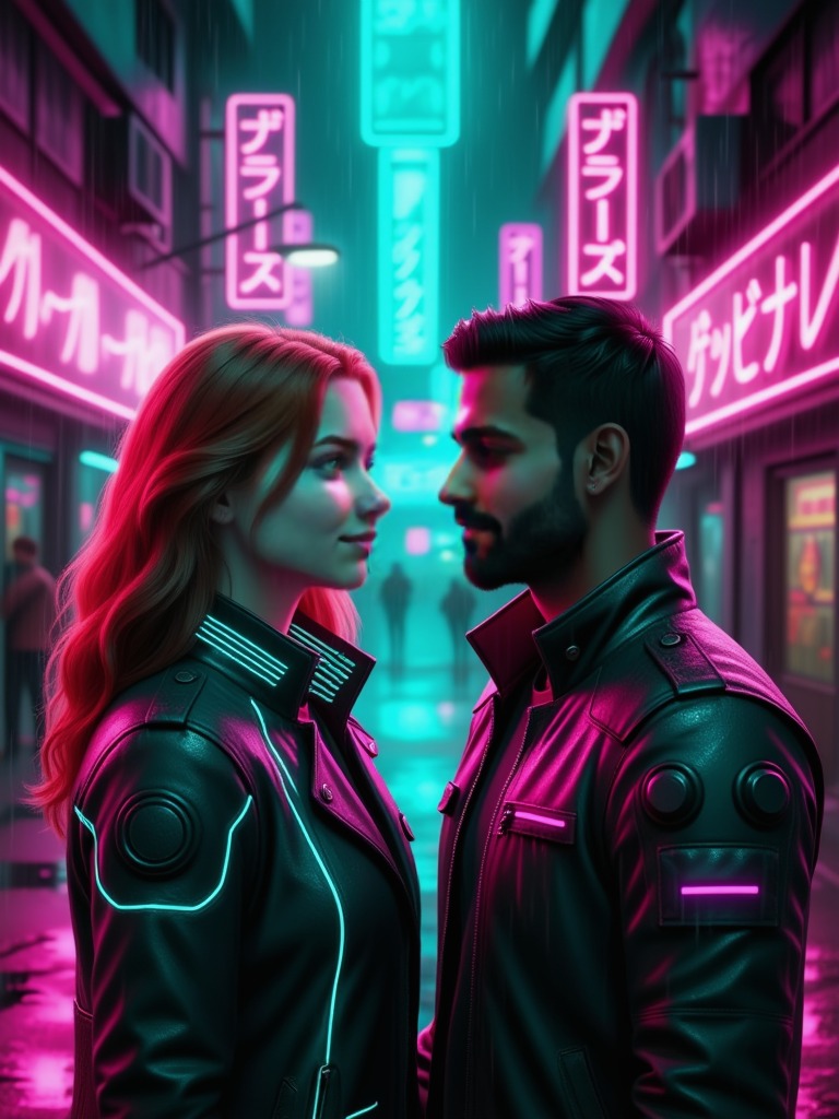 Cyberpunk city look 3 Cyberpunk city — AI couple portrait sample variation 3