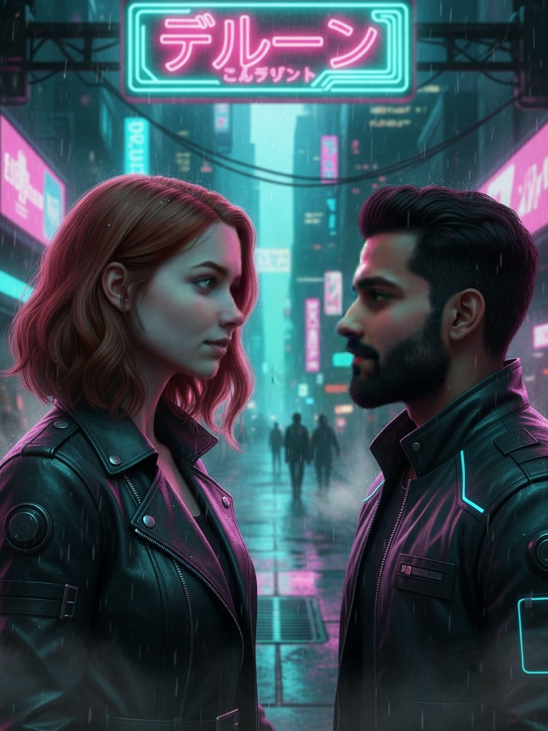 Cyberpunk city look 4 Cyberpunk city — AI couple portrait sample variation 4