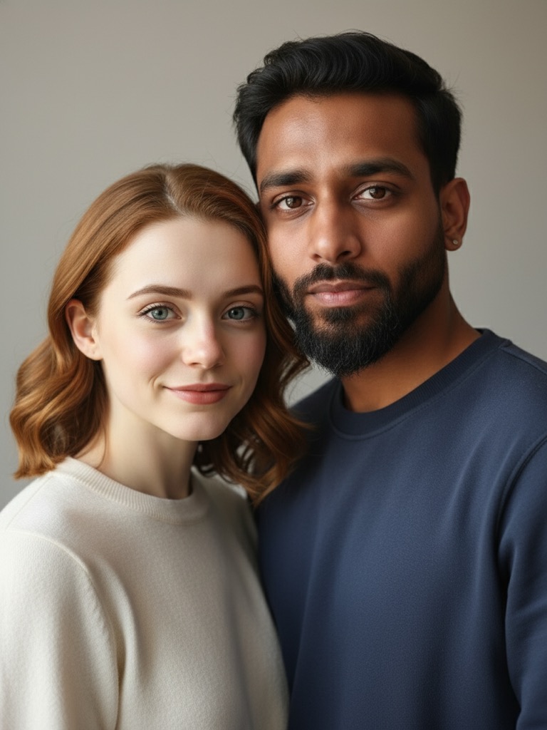 Estudio clásico look 1 Estudio clásico — Muestra de retrato de pareja con IA variación 1